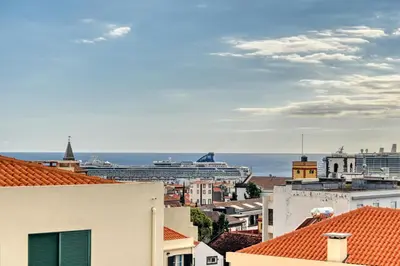 a city skyline with a cruise ship in the ocean at Encarnação Funchal, a Home in Madeira in Funchal