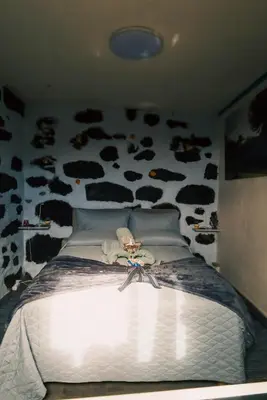 a bedroom with a bed with cows on the wall at Los Amantes de la naturaleza. in Salão