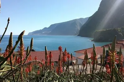 a view of a beach with red flowers in the foreground at Casa da Portada in Seixal