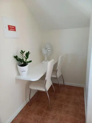 a white table and chairs with a potted plant at Casa Dos Ramos in Arco da Calheta