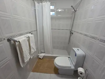a white bathroom with a toilet and a shower at Casa de Feria do Livramento in Funchal
