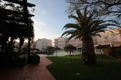 a palm tree in a park next to a building at JM - St James, apart com WIFI, piscina a 50 mt da Praia in Lagos