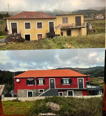 two pictures of a house and a house reconstruction at Casa Rustica da Maloeira in Fajã da Ovelha