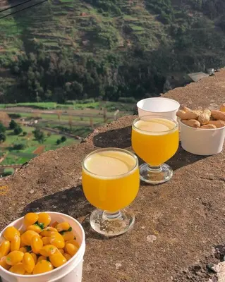 two glasses of orange juice and a bowl of oranges at Pereira Place - Cottage in São Vicente