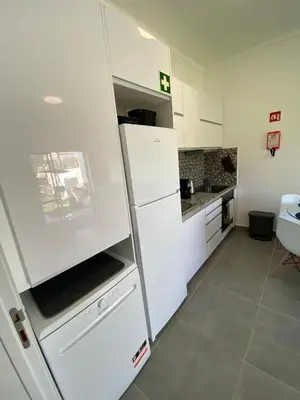a kitchen with white cabinets and a white refrigerator at Casa com terraço e piscina Sagres in Sagres