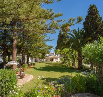 a garden with trees and a house in the background at Charmingly furnished Studio with pool in Luz in Luz