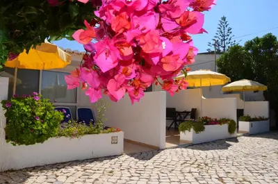 a bunch of pink flowers on a patio with umbrellas at Charmingly furnished Studio with pool in Luz in Luz