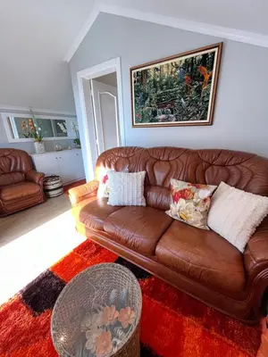 a brown leather couch in a living room with a bed at Tropical House in Ribeira Brava
