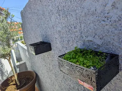 a cement wall with a planter with plants in it at Casa Ascenção, vista mar Madeira in Funchal