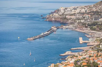 an aerial view of a city with a pier in the water at Villa das Furnas in Funchal