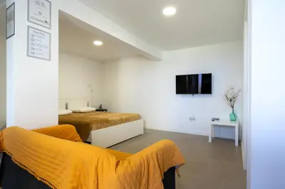 a bedroom with a bed and a couch and a tv at Sun Hill Apartment in Santa Cruz