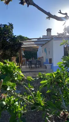 a patio with a table and chairs in a yard at Charme Rústico in Aljezur