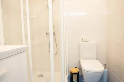 a white bathroom with a toilet and a shower at D.Henrique I apartamento frente ao Savoy Palace in Funchal
