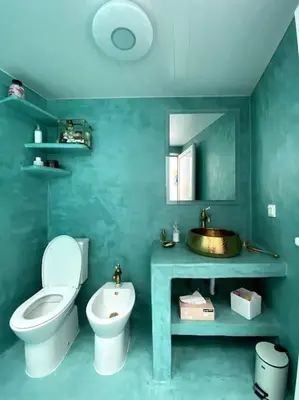 a green bathroom with a toilet and a sink at Casa Santorini in Ribeira Brava