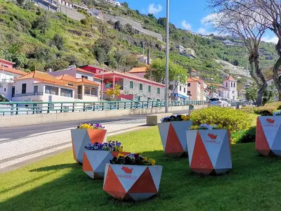 a group of tables on the grass near a street at Chalé Esmeralda - Charming Studios in Calheta Beach in Calheta