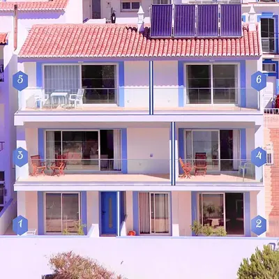 a building with arrows pointing to different parts of it at MC Suites Burgau with amazing front sea view in Burgau