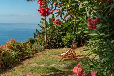 a bench with a hat sitting on top of a garden at Melro's Place by Stay Madeira in Ponta do Sol