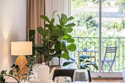 a living room with plants and a large window at Ficcus Home in Caniço