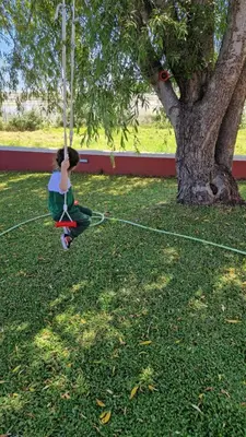 a young child sitting on a swing under a tree at Vila Henrique Country Cottage in Fajã da Ovelha