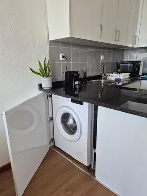 a kitchen with a washing machine and a sink at Machico Terrace in Machico