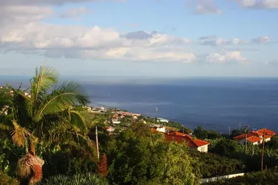 a view of a town with the ocean in the background at Lugar dos Louros 2 in Estreito da Calheta