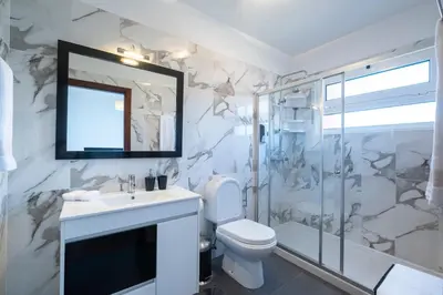 a bathroom with a toilet and a shower and a sink at The Red Nest by GALMI in Arco da Calheta