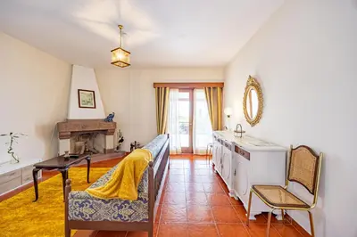 a living room with a couch and a fireplace at Vila Gama Apartaments in Machico