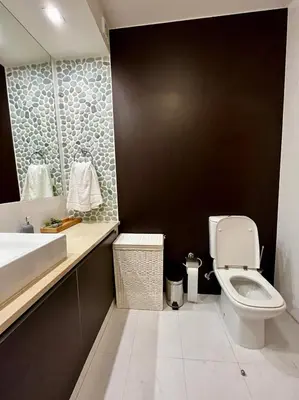 a bathroom with a white toilet and a black wall at E&M Apartment Luz in Luz