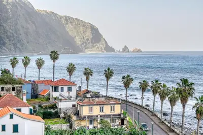 a coastal town with palm trees and the ocean at Casa Familia Pestana 1, a Home in Madeira in Seixal