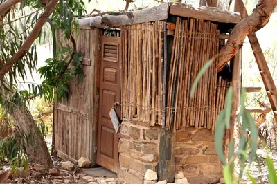 a small building with a wooden door and a tree at Magical Treehouse in Lagos