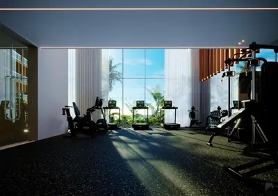 a room with a gym with a large window at Suite BM - 3 Pools-Gym-AC-Huge Balcony Sea View in Funchal