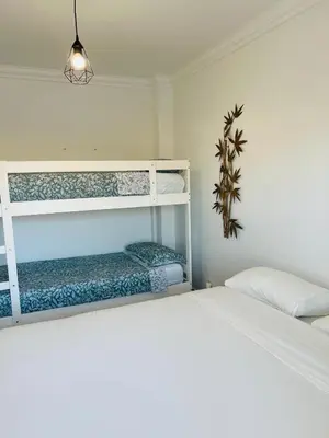 a bedroom with a white bunk bed and a plant at New Flat surround by beaches. in Sagres