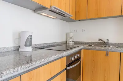 a kitchen with wooden cabinets and a counter top at Atlantic Sagres in Sagres