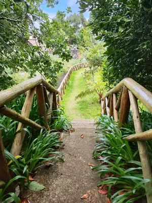 a wooden fence next to a path in a garden at Quinta' Home in Ribeira da Janela