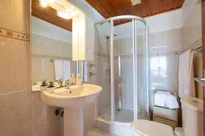 a bathroom with a shower and a sink and a toilet at Alegria's Apartment by GALMI in Calheta