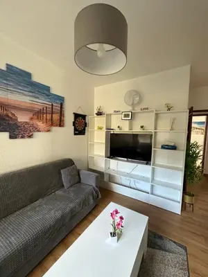 a living room with a couch and a tv at Sun Beach Apartment in Machico