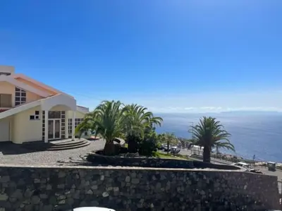 a house with palm trees in front of the ocean at Comfy & Joyful Oceanview Retreat in Caniço
