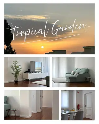 a collage of photos of a living room and a tropical garden at Tropical Garden in Caniço