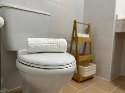 a white toilet with two towels on top of it at Tropical Garden in Caniço