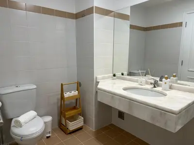 a bathroom with a sink and a toilet and a mirror at Tropical Garden in Caniço
