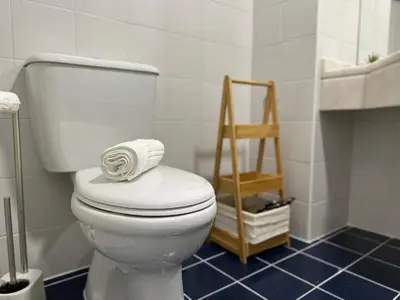 a bathroom with a toilet with a roll of toilet paper at Tropical Garden in Caniço