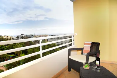 a balcony with a chair and a bottle of wine at Green Pearl Apartment in Funchal