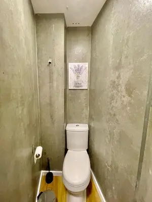 a bathroom with a toilet and a picture on the wall at Quartos privados - Quinta da Paz in Santa Cruz