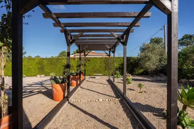 a wooden pergola with potted plants in a garden at Casa Sol a Sol - Villa with Swimming Pool by Lisbeyond in Aljezur