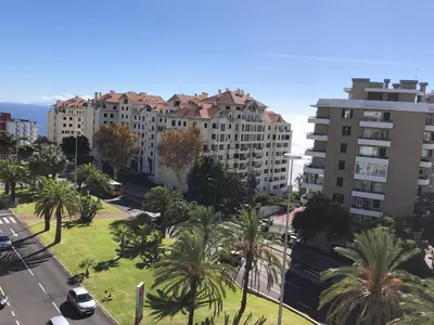 a view of a city with palm trees and buildings at Forum Ocean View Apartment in Funchal