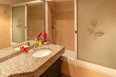 a bathroom with a sink and a shower at Katerina´s Place - Funchal in Funchal