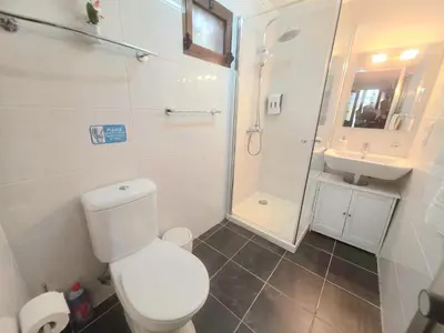 a bathroom with a toilet and a shower and a sink at Near Levadas and Pico Ruivo, Santana Madeira Getaway with Terrace Views in Santana