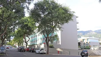 a white building with cars parked on the side of a street at Highrise Madalenas Apartment in Funchal