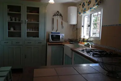 a kitchen with green cabinets and a sink and a microwave at Chalet Tropical in Arco da Calheta