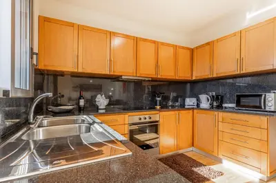 a kitchen with wooden cabinets and a stainless steel sink at Villa Angela- Madeira Inn Group in Calheta